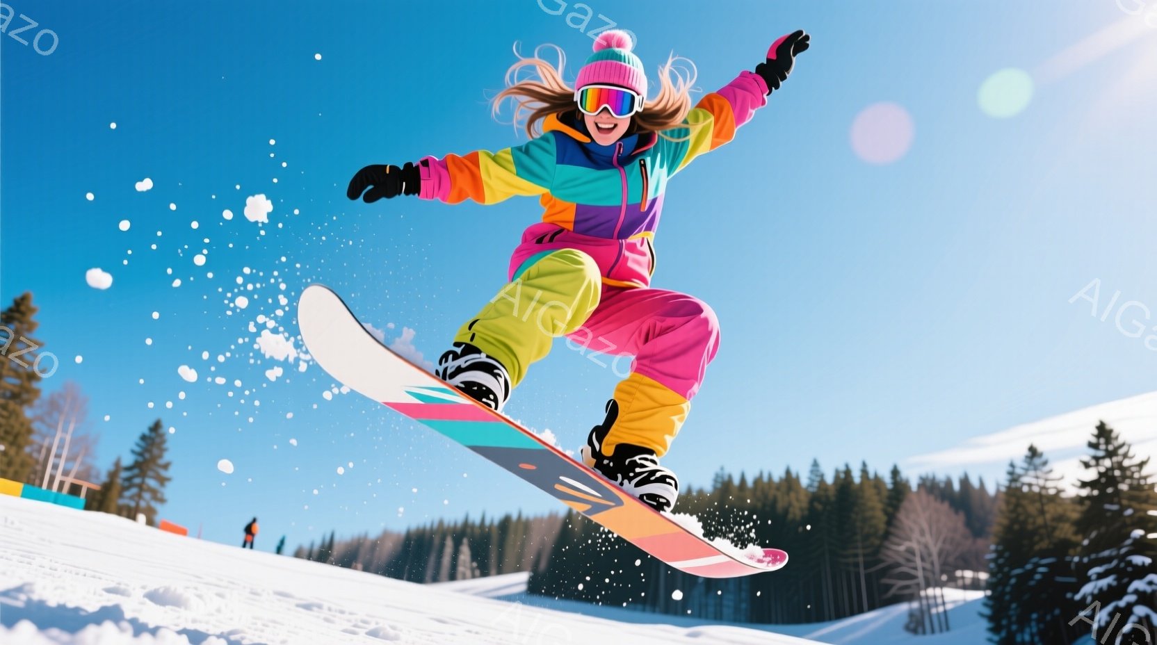 スノーボードを楽しむ女性が写っています。彼女はピンク、黄色、青、緑の色鮮やかなスキーウェアに身を包み、茶色の髪をポニーテールにしています。背景には雪景色が広がり、遠くには木々が見え、晴天の下、活気に満 - AI生成フリー素材