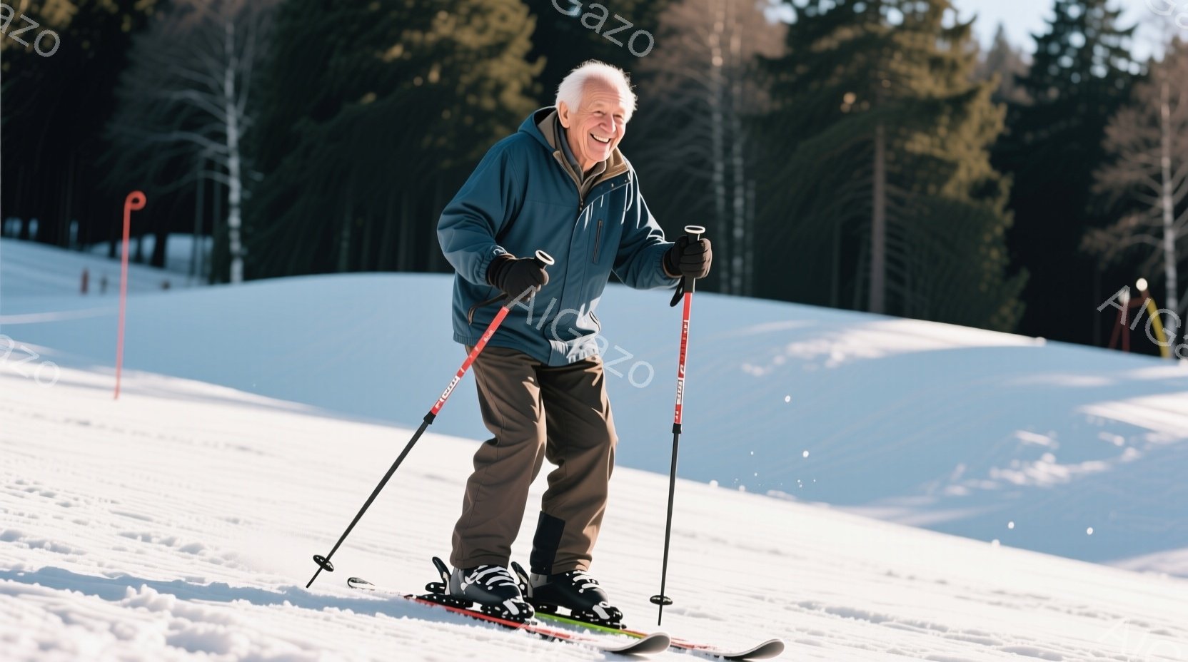 白い雪の上をスキーをする高齢男性が写っています。彼は濃い青色のジャケットと茶色のズボンを着用し、黒いスキーブーツとゴーグルを付けています。背景には雪に覆われた木々と穏やかな晴天が広がり、リラックスした冬の雰囲気が漂っています。