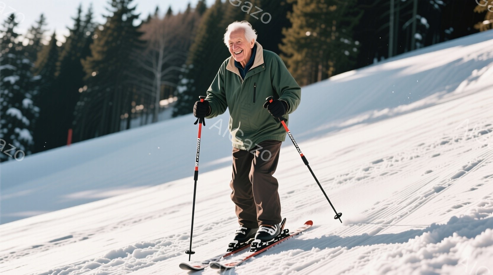 白い雪の斜面でスキーをする高齢の男性が写っています。緑色のジャケットに茶色のズボンを着用し、顔には笑顔が浮かんでいます。背景には雪に覆われた木々と青空が広がり、晴れた日のスキーを楽しむ雰囲気が伝わって - AI生成フリー素材