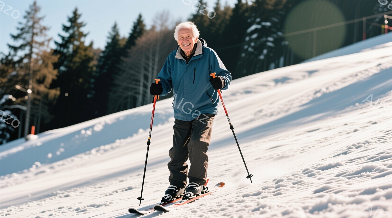 白い雪の斜面でスキーをする高齢の男性が写っています。彼は青いジャケット、グレーのズボン、黒いスキーブーツを着用し、両手にスキーポールを持っています。背景には針葉樹林が広がり、晴天の下、冬の穏やかな雰囲気が漂っています。
