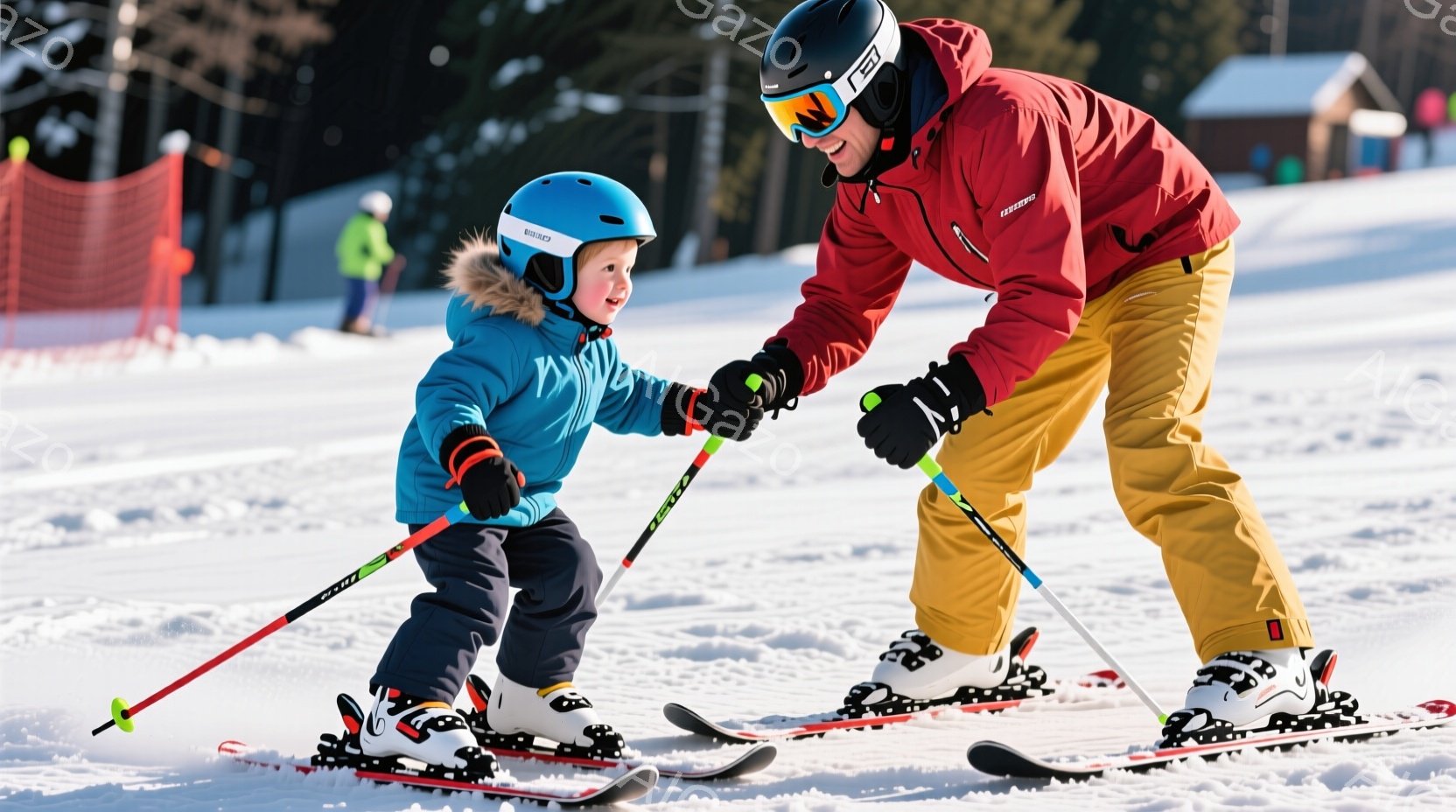 雪山でスキーレッスンを受けている幼い少年とインストラクターが写っています。少年は青いスキーウェアとヘルメットを着用し、少し緊張した表情でインストラクターに手を引かれています。背景には雪景色と、ぼんやりと見える建物があり、晴天の下、活気あるスキー場の雰囲気が伝わってきます。