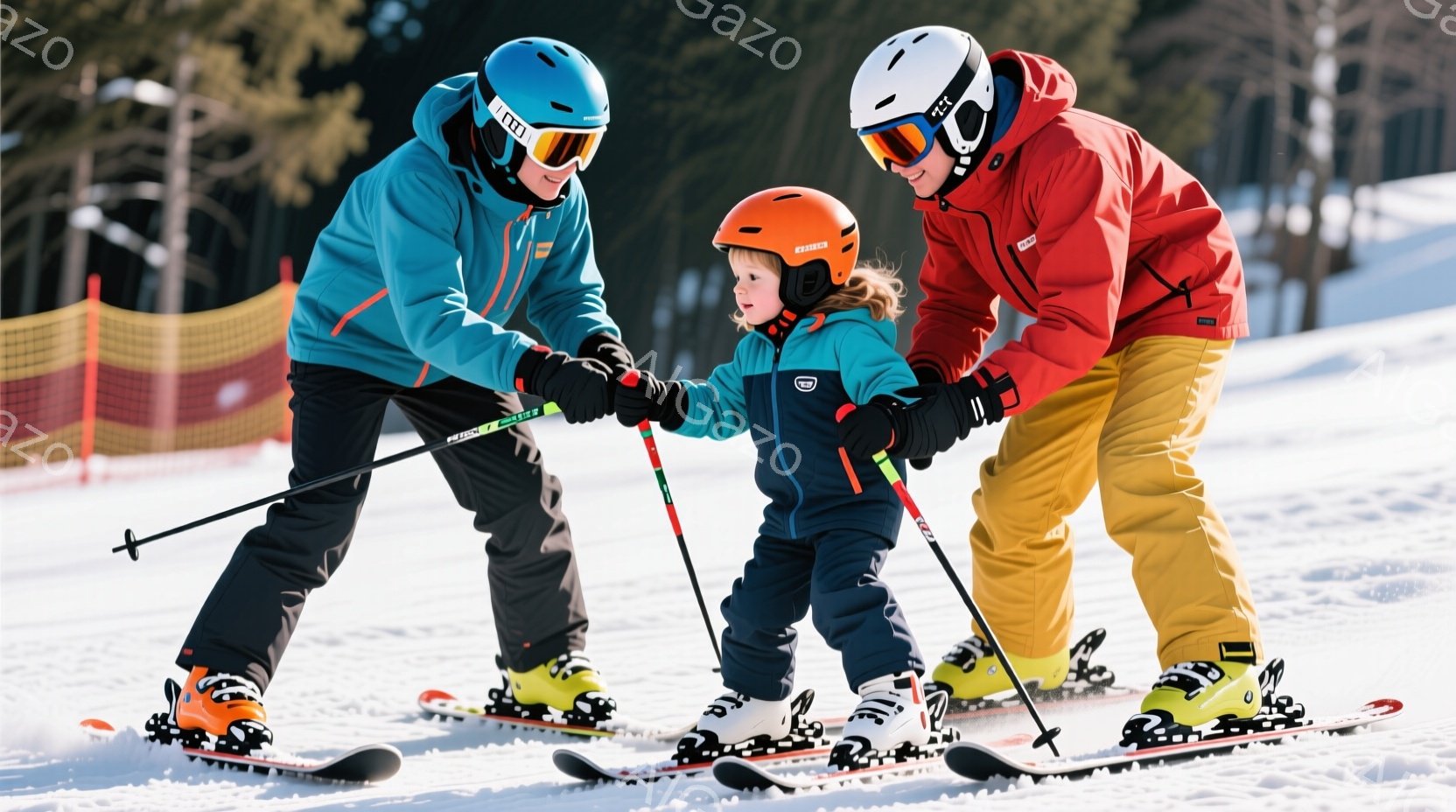 雪山を背景に、大人2人が子供にスキーの指導をしている様子が写っている。子供は青いスキーウェアとオレンジ色のヘルメットを着用し、大人はそれぞれ青と赤のスキーウェアに身を包み、ゴーグルで顔を覆っている。雪 - AI生成フリー素材