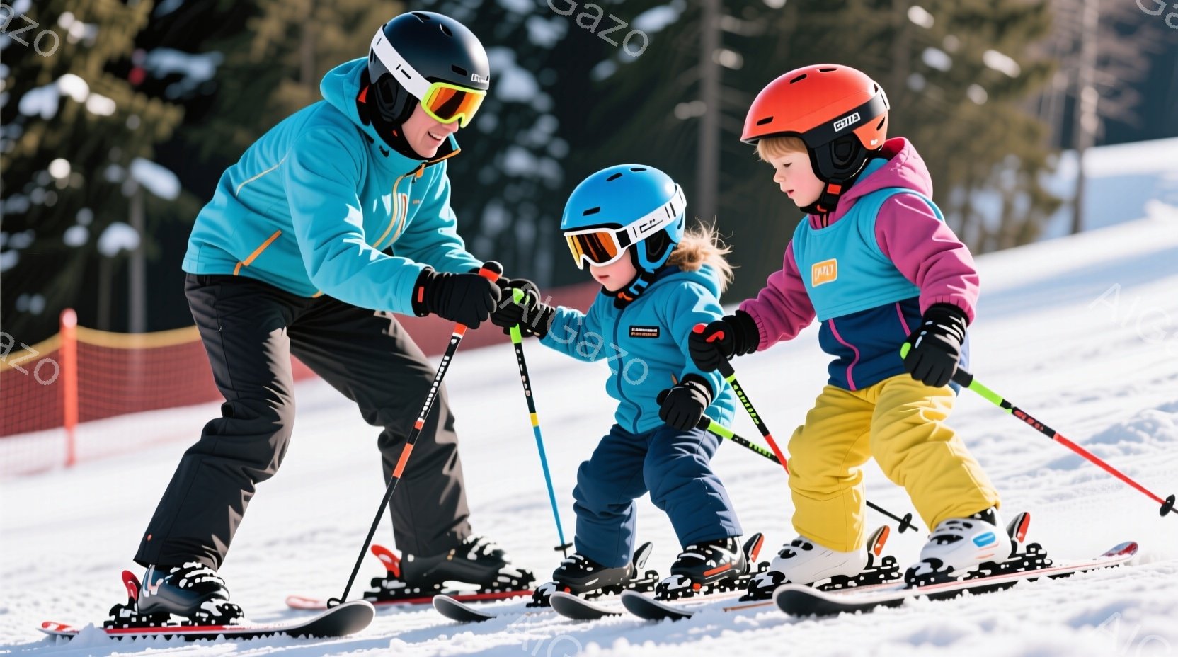 スキー場でスキーレッスンを受けている幼い子供とそのインストラクターが写っています。インストラクターは水色のジャケットと黒いズボンを着用し、子供は黄色と紫のジャケットと青いズボンを着用しています。雪景色が広がり、背景にはオレンジ色のネットが見え、晴天の下、楽しげな雰囲気です。