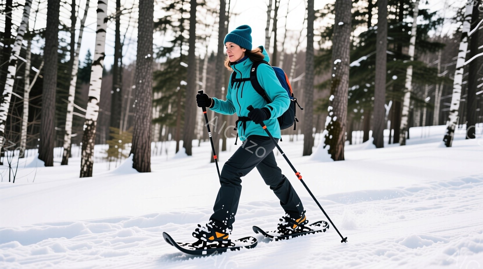 雪の中を歩く女性が写っています。彼女はターコイズブルーのジャケット、黒いズボン、そして雪上靴を着用し、頭にはニット帽をかぶっています。背景には白樺の木が立ち並び、雪景色が広がっており、冬の静寂で穏やかな雰囲気が漂っています。