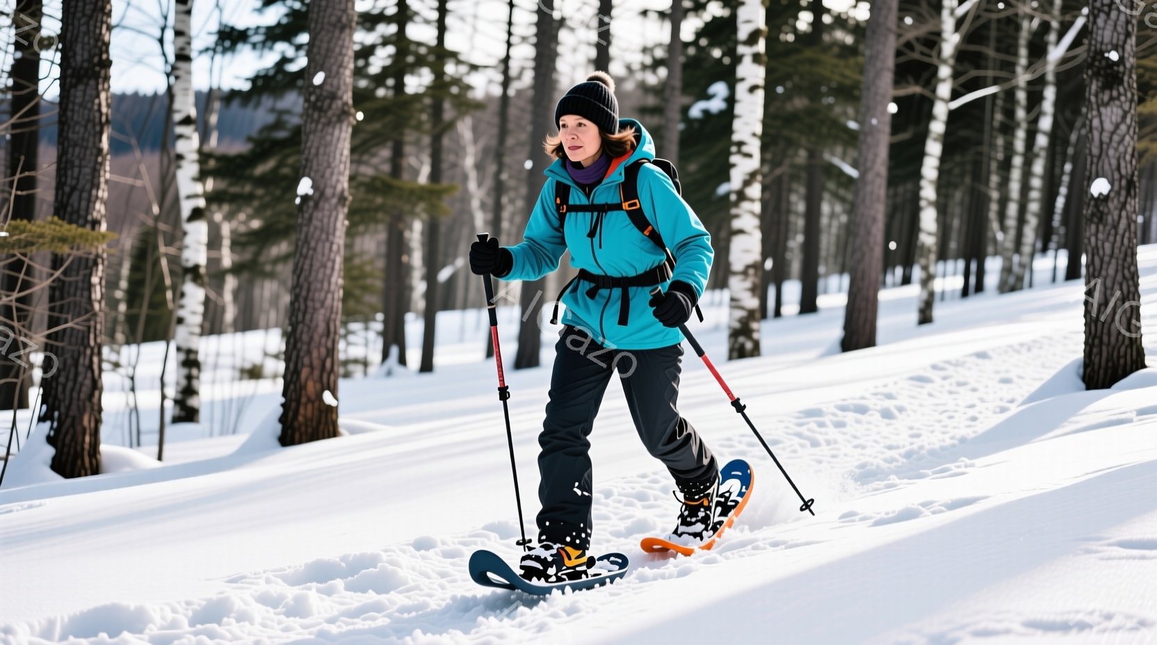 雪深い森の中を、スノーシューを履いた女性が歩いている。彼女はターコイズブルーのジャケット、黒いズボン、黒い帽子を身につけ、顔はスノーシューによる活動で少し赤らんでいる。背景には雪に覆われた木々が立ち並び、晴れた冬の日の穏やかな雰囲気が漂っている。