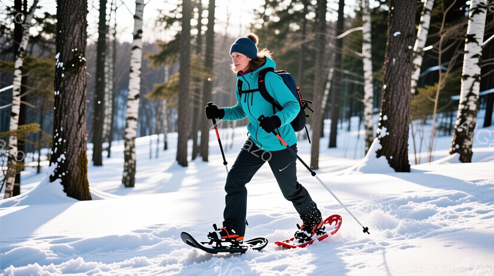雪景色の中、女性がスノーシューを履いて歩いている様子が写っている。彼女はターコイズブルーのジャケットと黒のズボンを着用し、赤いバックパックを背負っている。背景には白樺の木々が立ち並び、雪が降り積もる冬 - AI生成フリー素材
