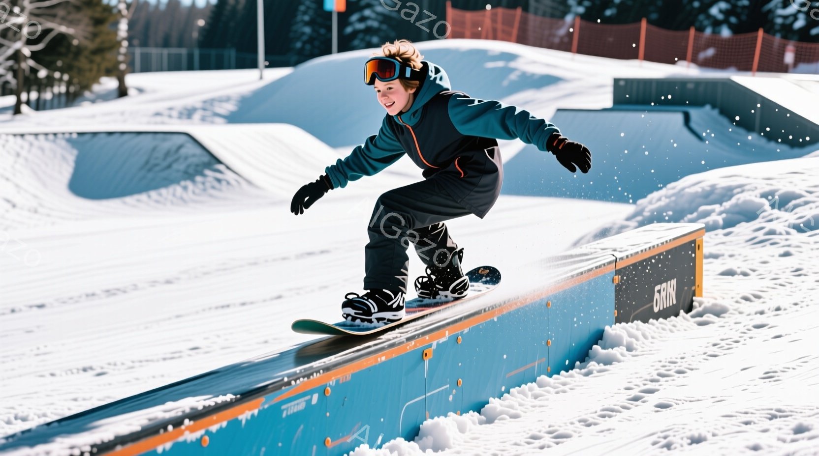 スノーボードをする少年が写っている。彼は黒いヘルメットとゴーグルを着用し、濃い青色のジャケットと黒いズボンを身に着けている。背景には雪に覆われた丘と、オレンジ色のネットのフェンスがあり、晴れた冬の日の - AI生成フリー素材