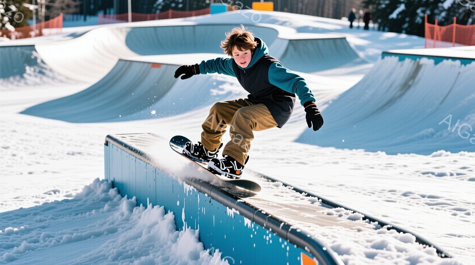 若い男の子がスノーボードで雪のパークのレールの上を滑っている様子が写っています。彼は茶色のカールした髪をしており、濃い青色のジャケットとベージュ色のズボンを着用し、楽しそうな表情をしています。背景には雪景色が広がり、他の障害物や遠くの建物が見え、晴れた冬の日の活気ある雰囲気が伝わってきます。