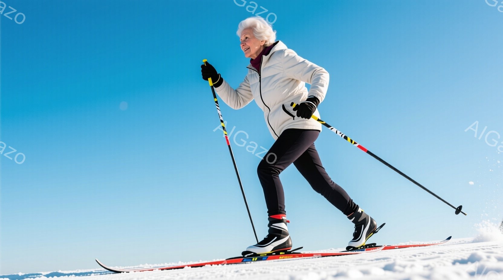 白髪の女性がクロスカントリースキーを楽しんでいる様子が写っています。彼女は黒いレギンス、白いジャケット、そしてスキーブーツを履いており、顔には笑顔が浮かんでいます。背景は雪景色で、晴天の下、青空が広がっており、アクティブで健康的な雰囲気です。