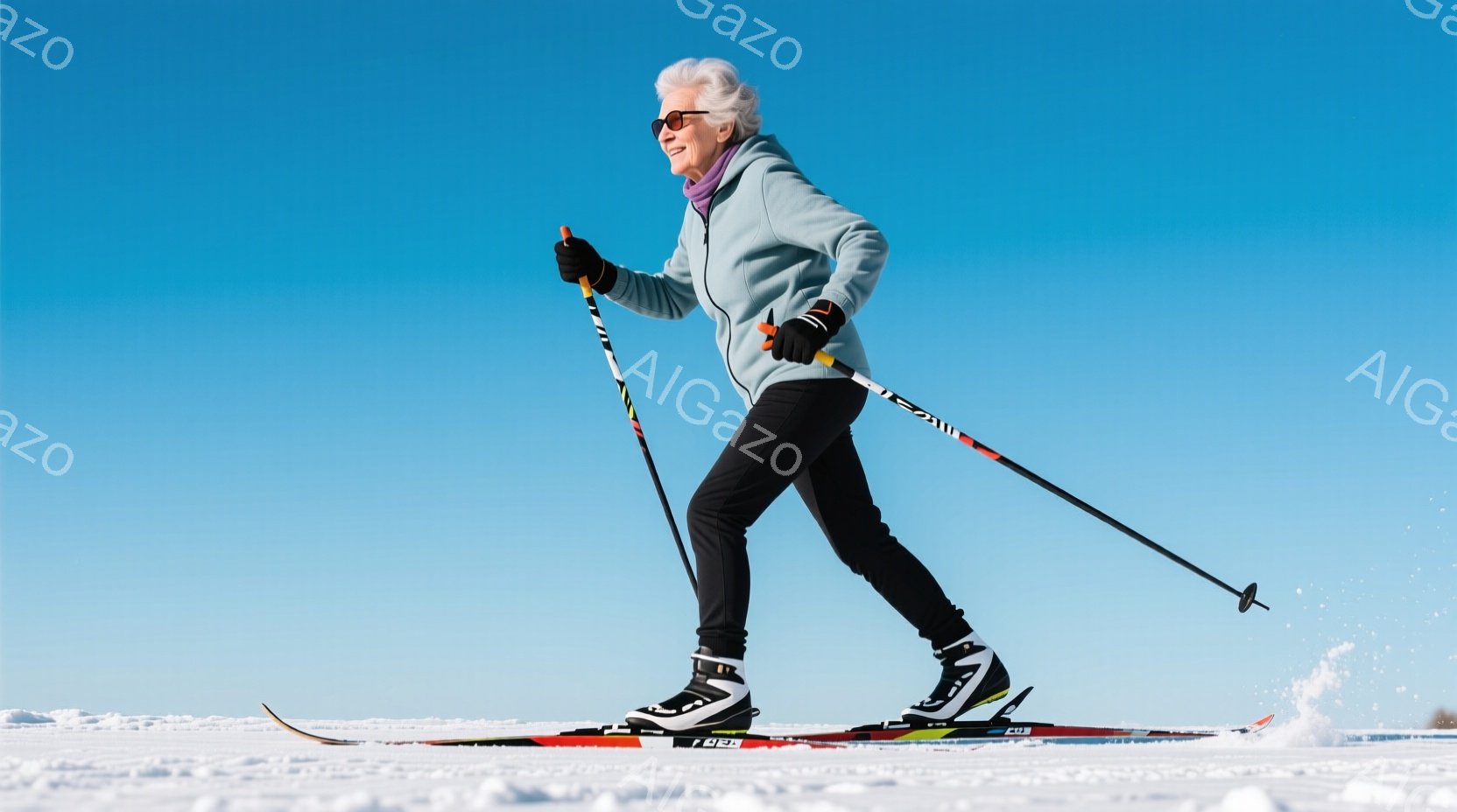 白髪の女性がクロスカントリースキーを楽しんでいる様子が写っている。彼女は濃い青色のレギンスと薄い水色のジャケットを着用し、黒い帽子とサングラスをかけている。雪に覆われた平原を滑走しており、背景には鮮やかな青空が広がり、快晴で活気に満ちた雰囲気である。