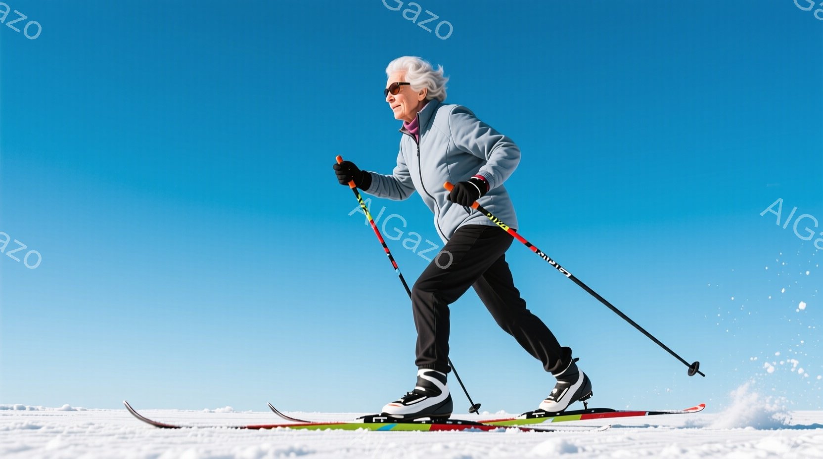 白髪の女性がスキー場でスキーを楽しんでいる様子が写っています。彼女はグレーのジャケット、黒のスキージャケット、黒いスキーパンツ、そして白いスキーブーツを着用し、運動に集中した表情で滑走しています。背景は青空と雪に覆われたスキー場であり、快晴の冬の日の活気ある雰囲気が伝わってきます。