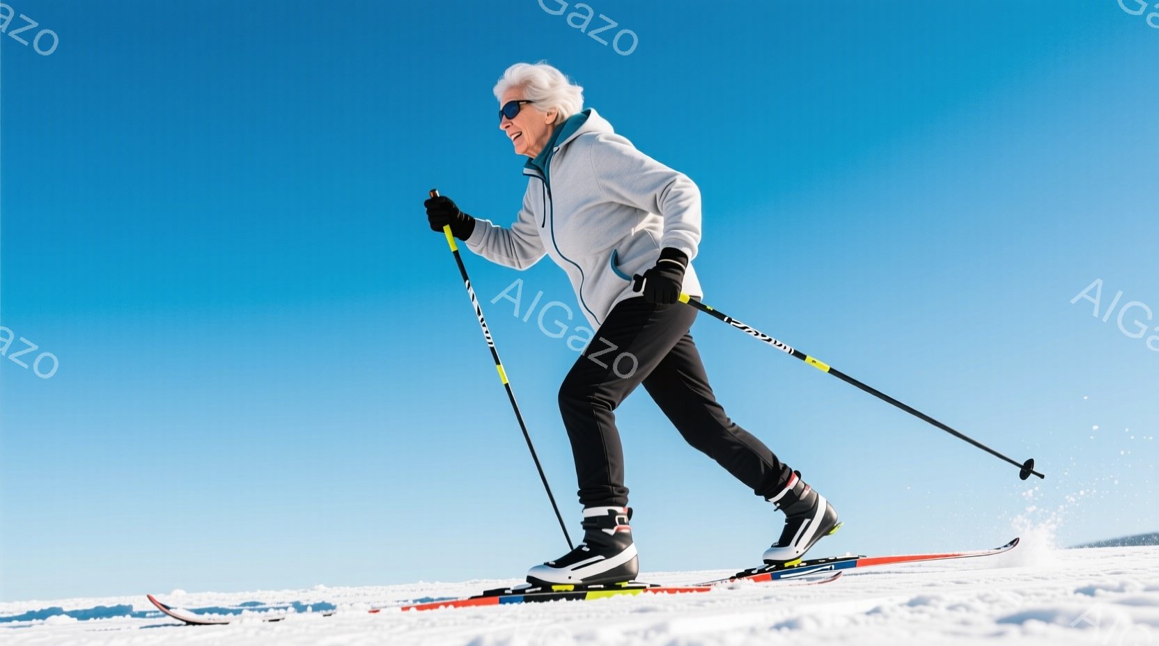 白髪の女性がスキーをしており、青いジャケット、黒いスキースラックス、白いスキーブーツを着用しています。彼女は前かがみの姿勢で滑っており、左手にはスキーポールを持っています。背景は青空と白い雪景色で、晴 - AI生成フリー素材