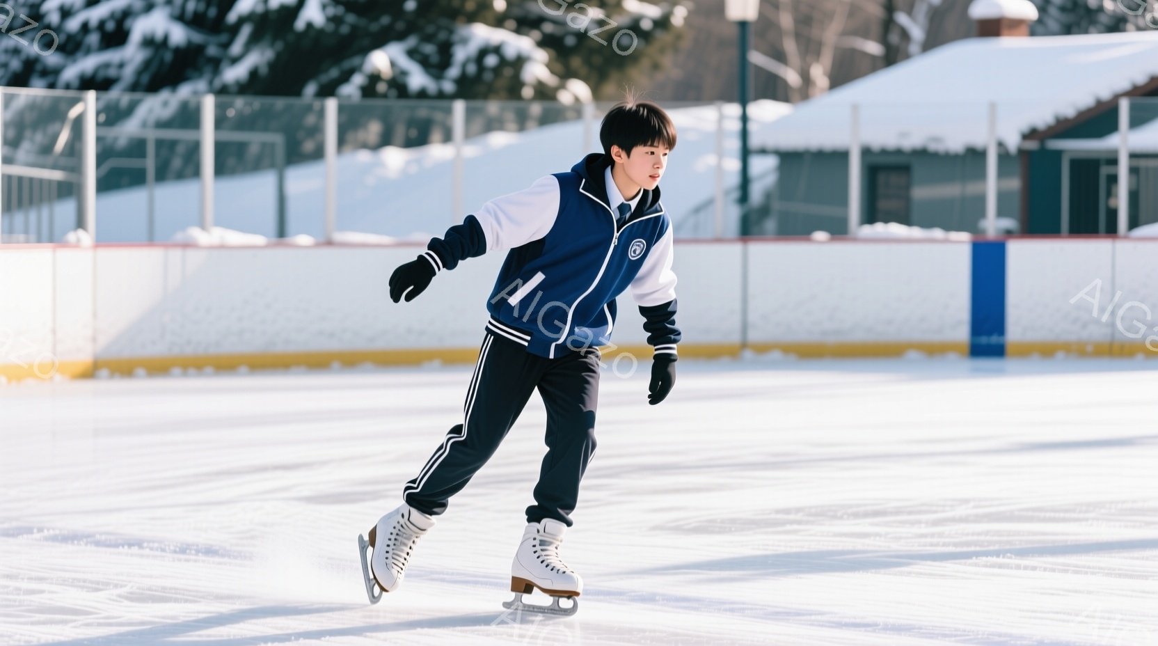 少年はアイススケートリンクで滑走している。紺色のストライプの入ったスポーツウェアに黒の手袋、白いスケート靴を履き、黒髪を短く刈り込んでいる。背景には雪景色が広がり、リンクの奥には建物が見える。