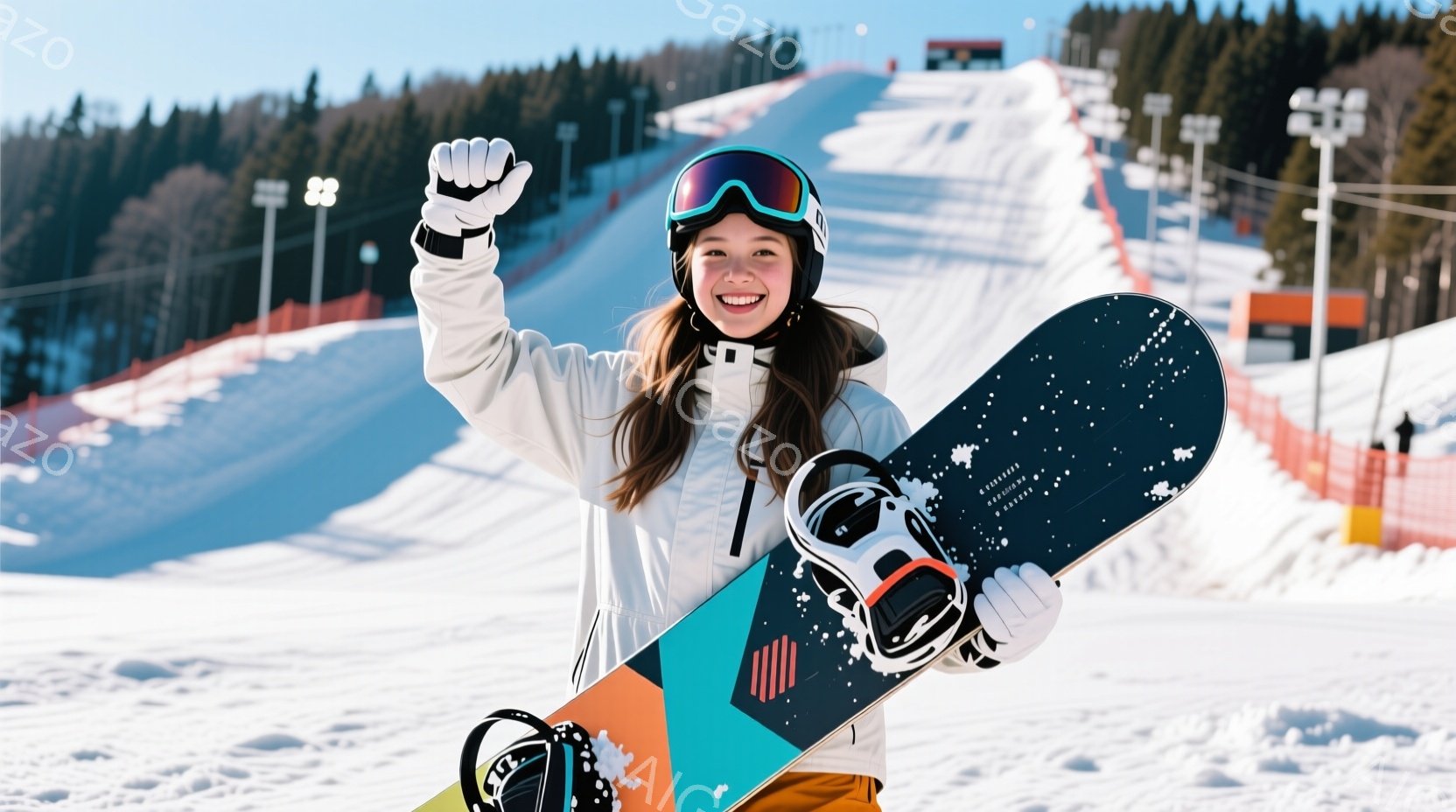 金髪をハーフアップにした少女が、雪山を背景にスノーボードを持って笑顔で立っています。白いジャケットと黒いズボンを着用し、ゴーグルと手袋を身に着けており、明るい晴天の下で活気に満ちた雰囲気です。背景には - AI生成フリー素材