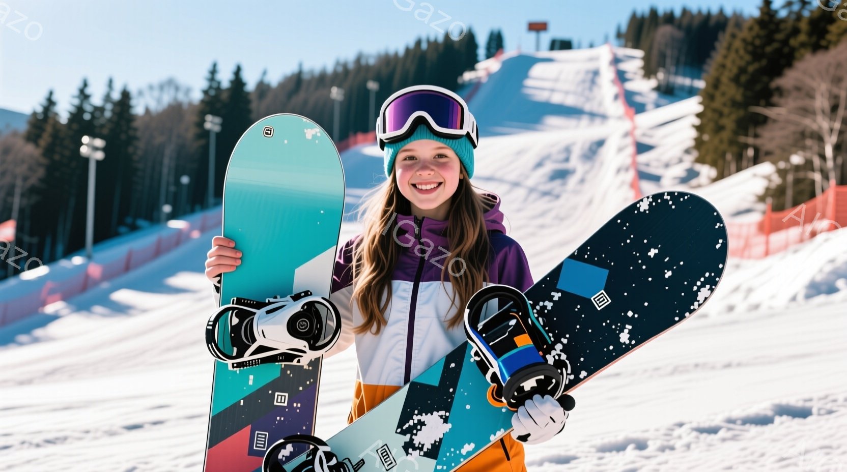 少女は紫色のジャケットとオレンジ色の服を着て、雪山でスノーボードとブーツを持っています。彼女は明るい笑顔でカメラに向かっており、黒髪をポニーテールにしています。背景には白い雪に覆われた山々と松の木々が - AI生成フリー素材