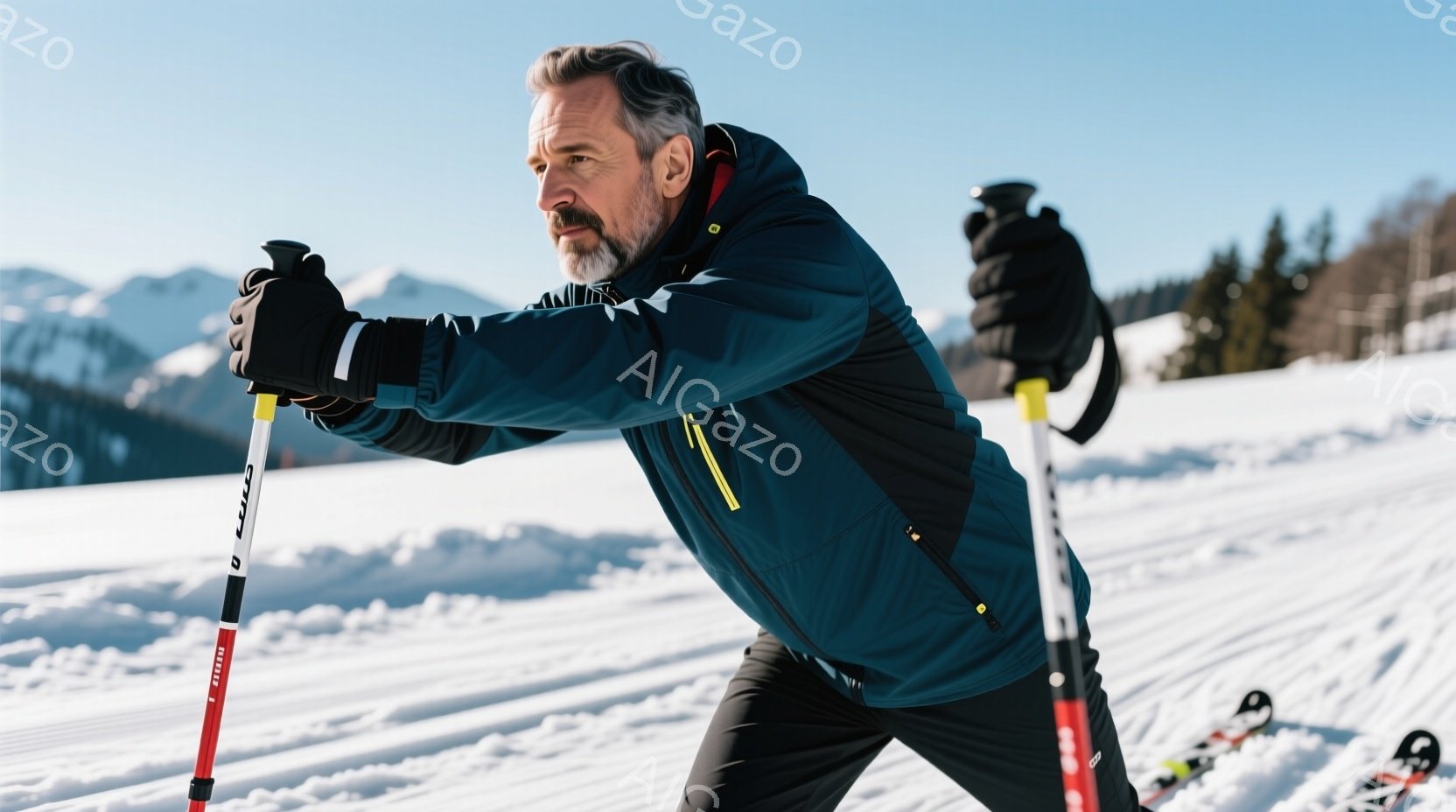 スキーコースを走る男性が写っています。彼は濃い青色のジャケット、黒いズボン、手袋を着用しており、白髪混じりの髪と口髭を生やしています。背景には雪景色が広がり、遠くに山々が見え、晴天の下、活気ある冬の雰囲気が漂っています。