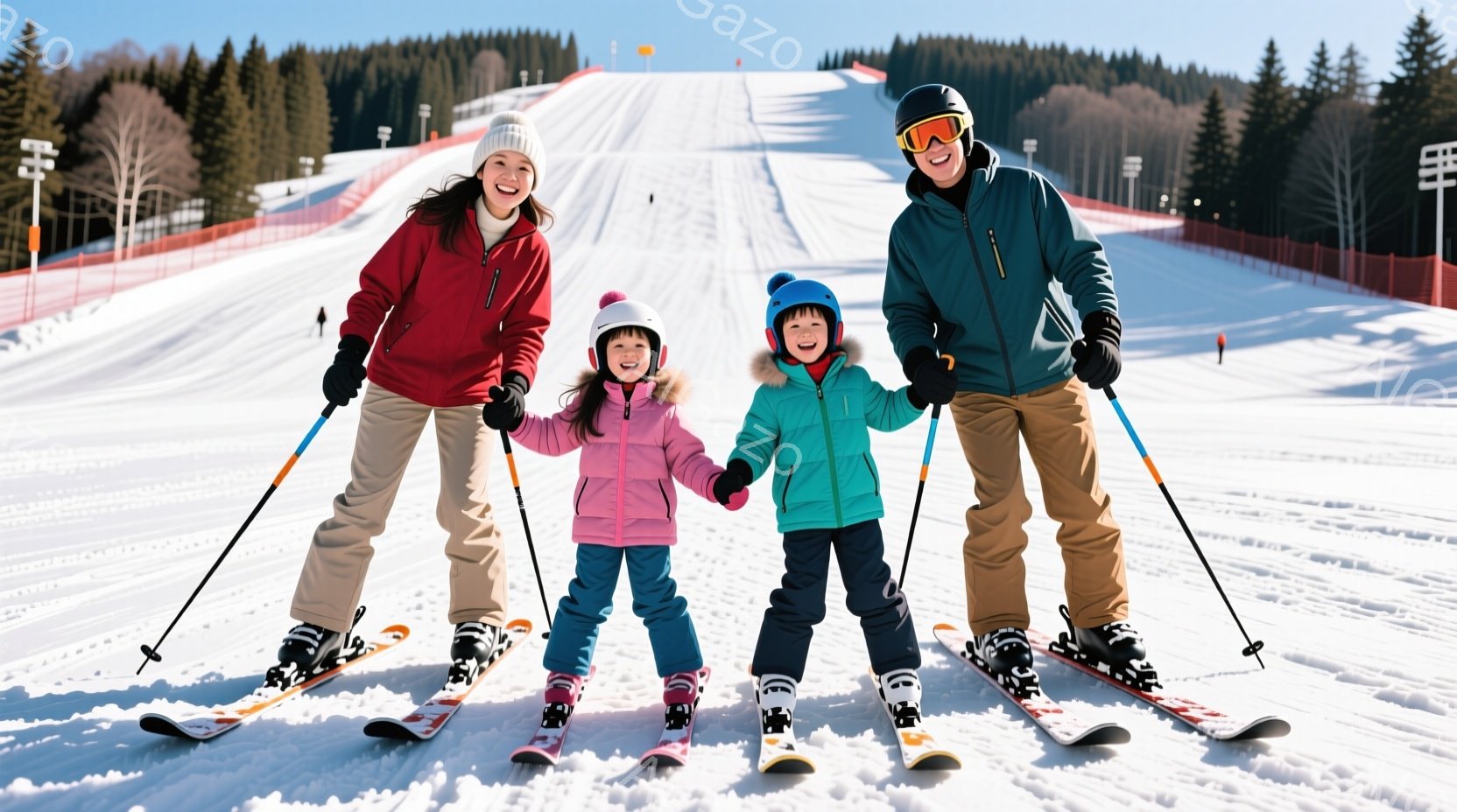 スキー場で親子四人が並んで立っています。母親は赤いジャケットと茶色のズボンを着用し、帽子をかぶって笑顔を見せています。父親は濃い青色のジャケットと茶色のズボンを着用し、ヘルメットとゴーグルを装着して、 - AI生成フリー素材