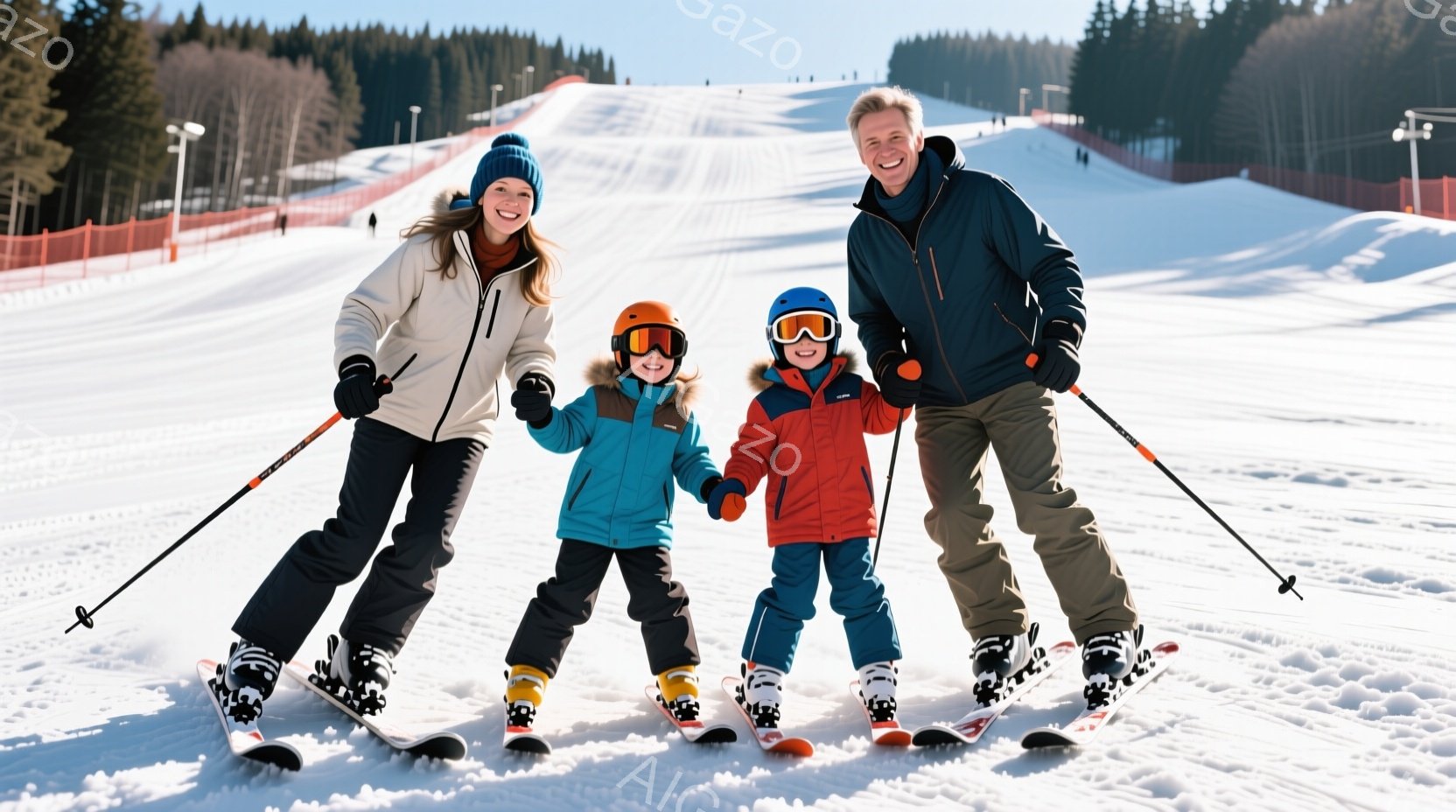 雪景色の中で、スキーウェアを着た家族が微笑んでいます。母親は白いジャケットと黒いズボン、息子はオレンジ色のジャケットと黒いズボン、娘は同じようにオレンジ色のジャケットと黒いズボンをそれぞれ着用し、全員 - AI生成フリー素材