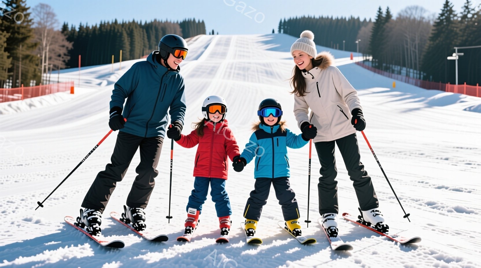 スキー場で家族が並んで立っており、父親は濃い青色のスキーウェア、母親は白のニット帽と明るい色のジャケット、そして二人の子供たちはそれぞれ赤と青のスキーウェアを着ています。彼らは全員スキー板を履き、スキ - AI生成フリー素材