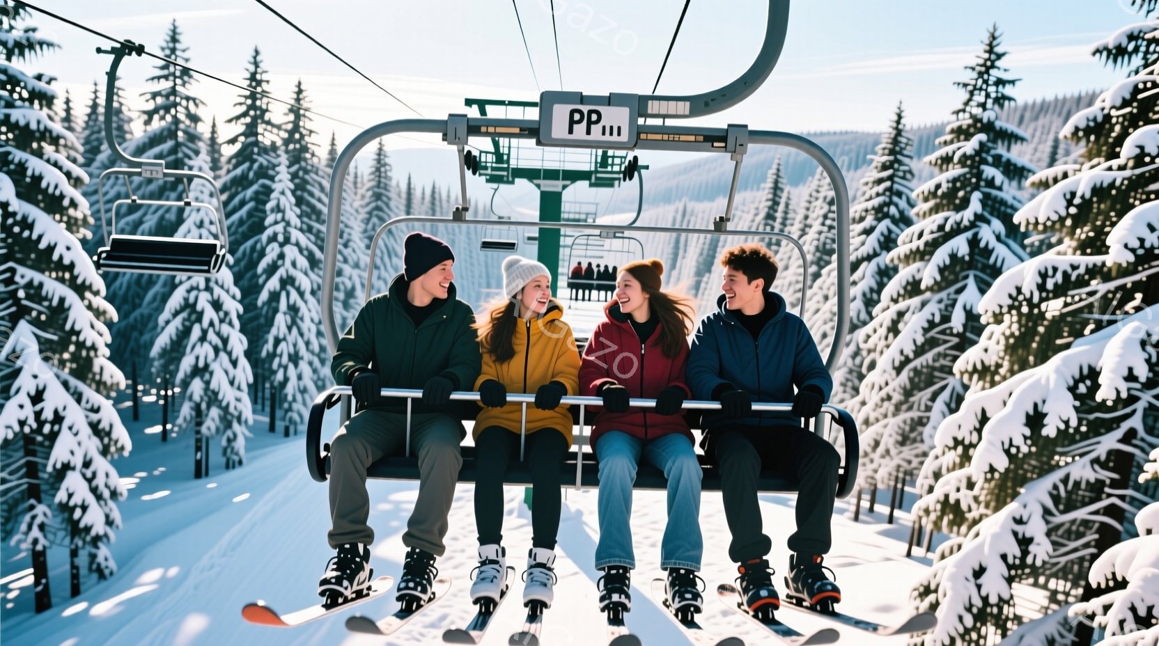 雪山を背景に、スキーリフトに乗っている4人の若者が写っています。彼らはそれぞれカラフルなウィンタージャケット、帽子、ゴーグルを着用し、スキーブーツを履いています。リフトは雪に覆われた森林の中を移動しており、晴天で明るい雰囲気です。
