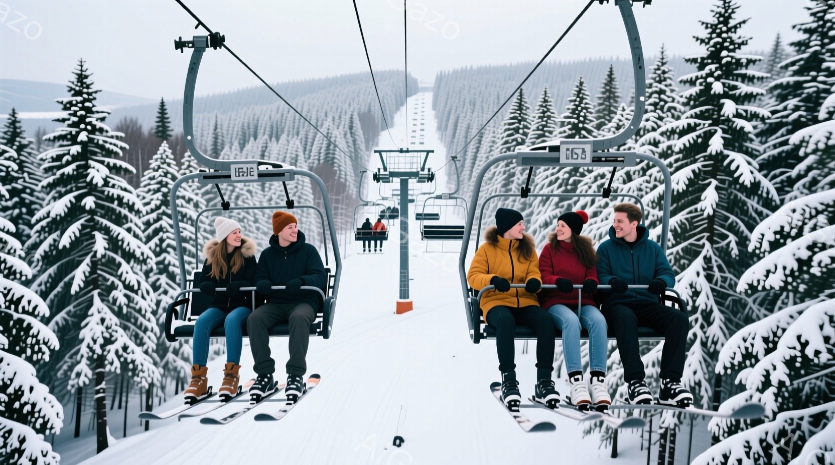 雪に覆われたスキーリゾートで、リフトに乗っている５人のグループが写っている。彼らは皆、防寒着とニット帽を着用し、スキー板を装着している。背景には雪化粧した木々が広がり、どんよりとした冬の空が広がっており、冷たく穏やかな雰囲気が漂っている。