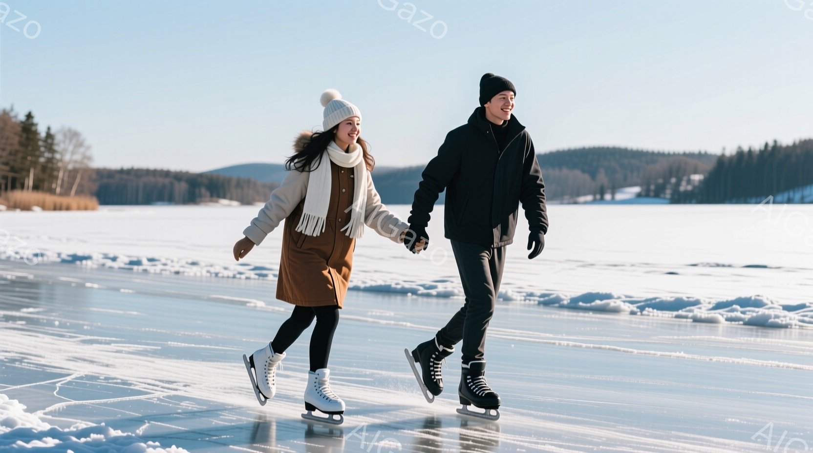 氷の上を男女が手をつないでスケートを楽しんでいる様子が写っている。女性はベージュ色のコートとニット帽を着用し、男性は黒いジャケットと帽子を着用しており、ともに笑顔で滑っている。背景には雪景色が広がり、 - AI生成フリー素材