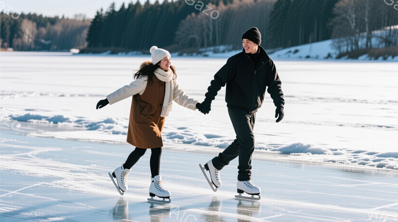 氷上をスケートする若いカップルが描かれています。女性はニット帽と茶色のワンピースを着ており、男性は黒いジャケットと帽子を着用し、互いに手をつないで楽しそうに滑っています。背景には雪景色が広がり、遠くに - AI生成フリー素材