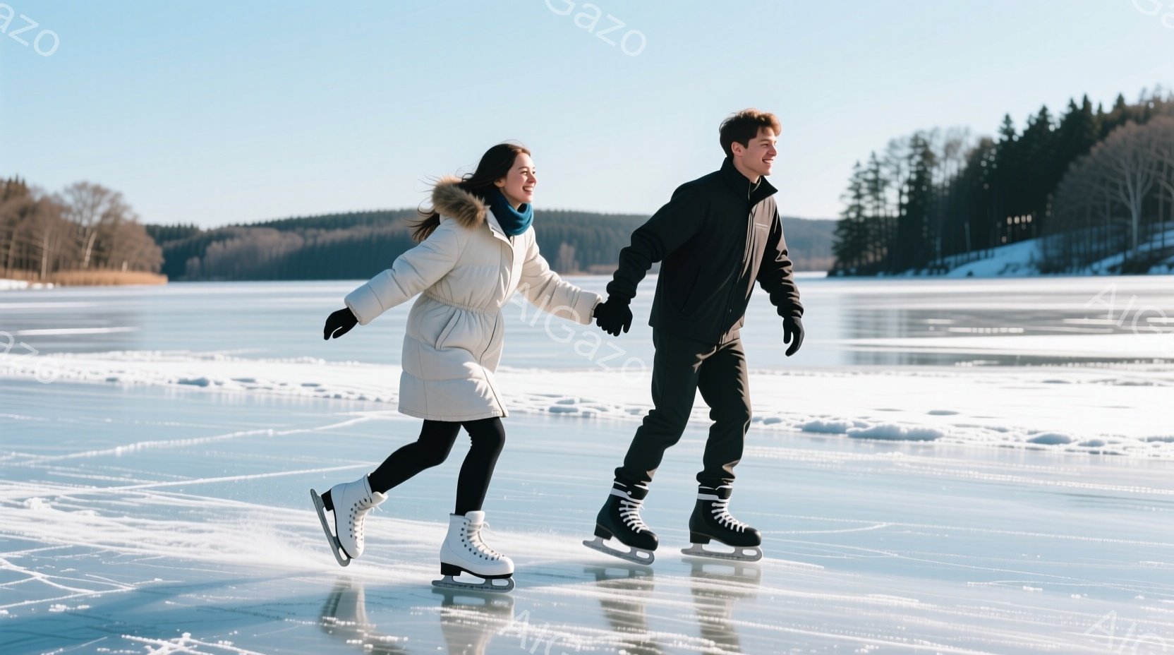 長い茶色の髪を後ろで一つにまとめた女性と、短い黒髪の男性が氷上をスケートしている。女性は白い冬のコート、黒いレギンス、白いスケート靴を着用し、男性は黒いジャケットとズボン、黒いスケート靴を着用している - AI生成フリー素材