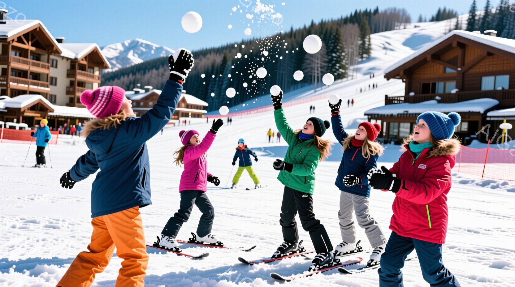 雪景色の中で、スキー板を履いた子供たちが雪合戦を楽しんでいます。子供たちはカラフルなウィンタージャケットと帽子を着用し、笑顔で雪玉を投げたり受け止めたりしています。背景には木造の建物と雪をまとった山々 - AI生成フリー素材