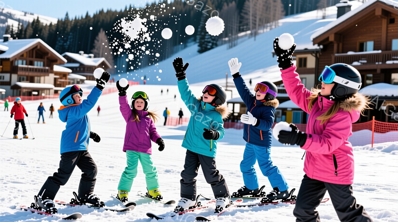 雪景色の中で、スキー板を履いた子供たちが雪合戦を楽しんでいます。子供たちはカラフルなスキーウェアと帽子、ゴーグルを着用し、笑顔で雪玉を投げたり、受け止めたりしています。背景には木造の建物や雪をまとった - AI生成フリー素材