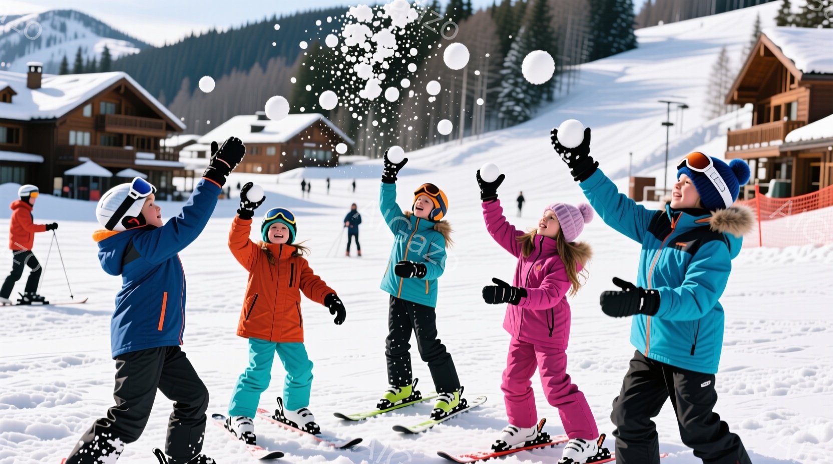 雪が降るスキー場で、５人の子供たちが雪合戦を楽しんでいる様子が写っています。子供たちはそれぞれカラフルなスキーウェアと帽子を着用し、顔には笑顔が浮かび、片手に雪玉を持って興奮気味に腕を上げています。背 - AI生成フリー素材