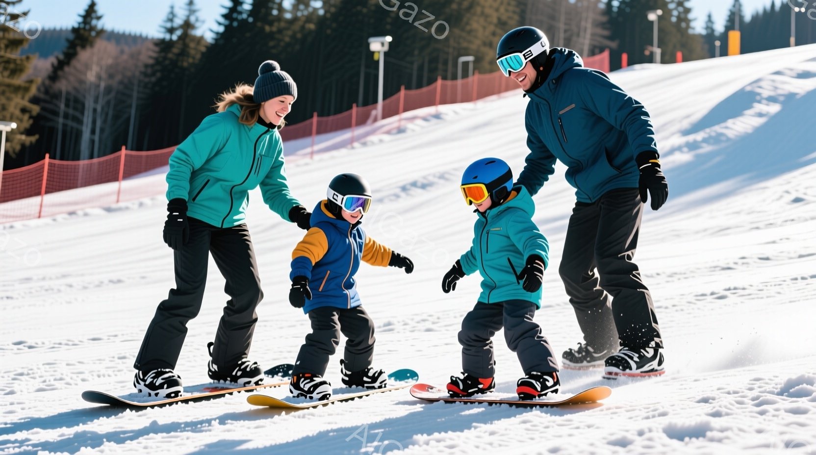雪景色の中で、母親と父親が二人の幼い息子たちと一緒にスノーボードを楽しんでいる様子が写っている。母親は紺色のパーカーに黒いズボン、息子たちはそれぞれ青とオレンジのジャケットを着ており、皆、ヘルメットと - AI生成フリー素材