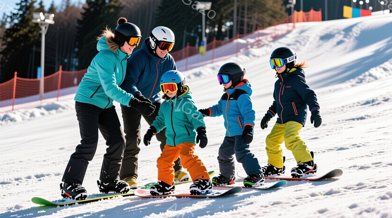 晴れた日のスキー場で、家族がスノーボードを楽しんでいる様子が写っています。母親はターコイズブルーのジャケット、父親は黒のジャケット、子供たちはそれぞれカラフルなウェアを着用し、全員がヘルメットとゴーグ - AI生成フリー素材