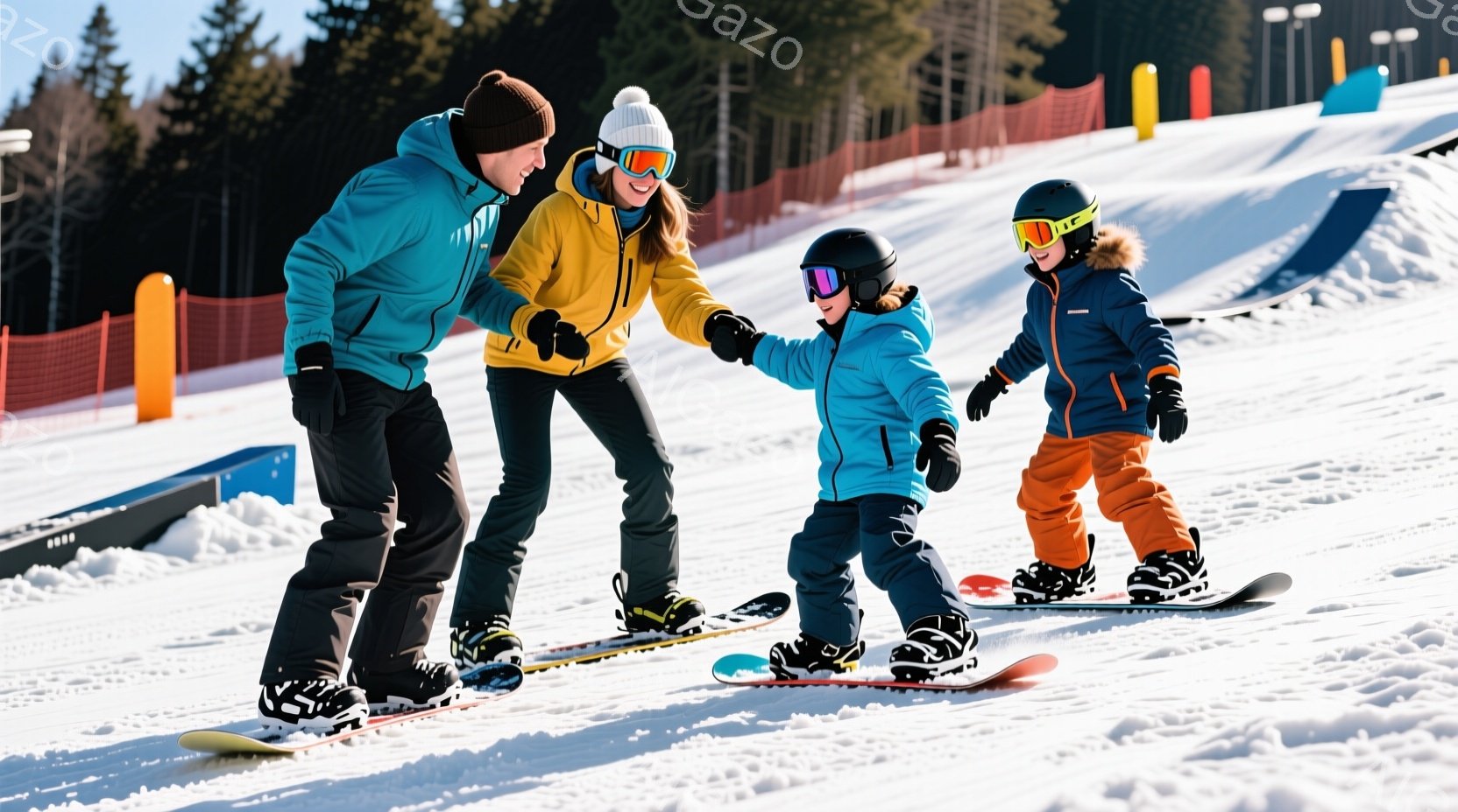 スノーボード場で、母親が息子にスノーボードの乗り方を教えている様子が写っています。母親は黄色いジャケットと黒いズボンを着用し、息子は青いジャケットとオレンジ色のズボンを着用しています。背景には雪景色が - AI生成フリー素材