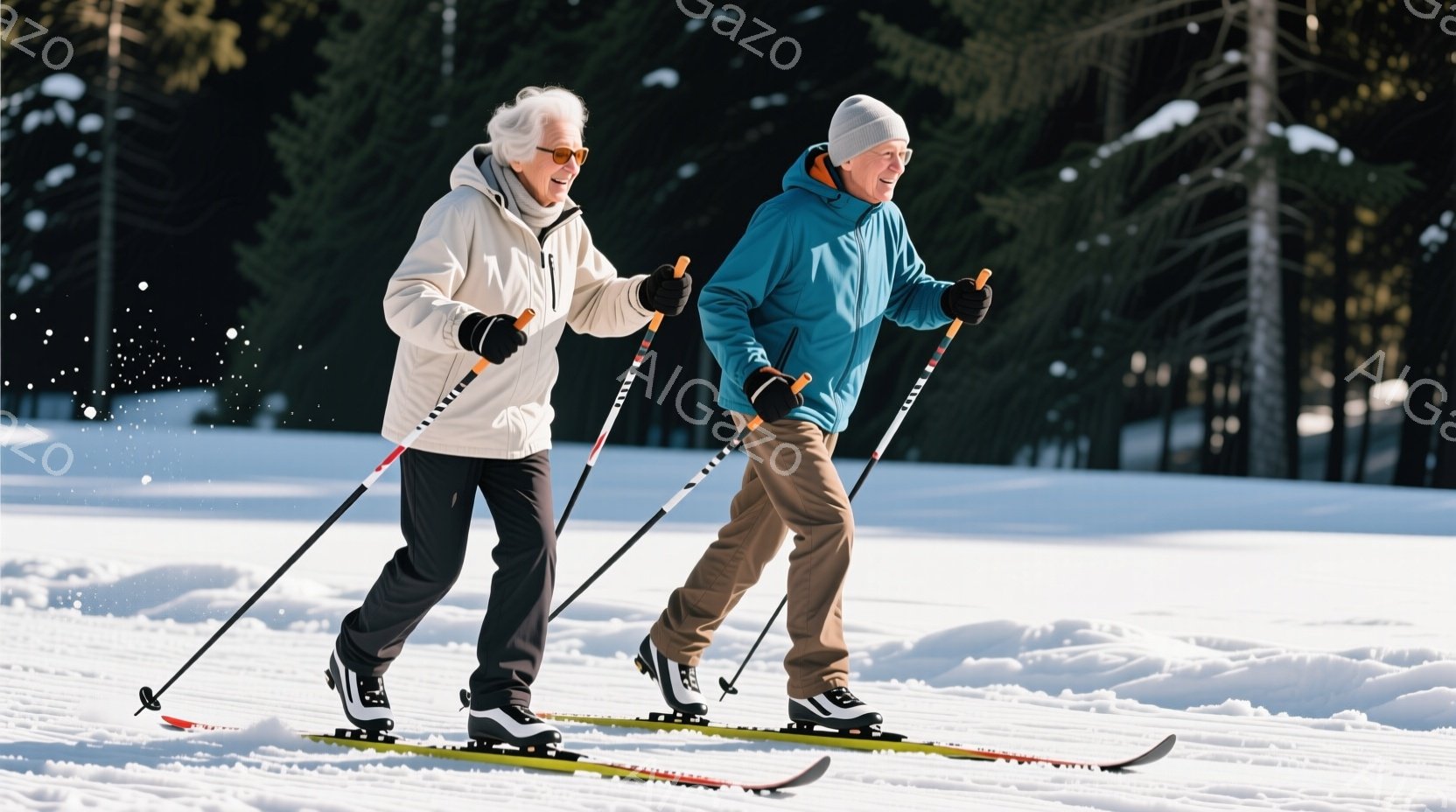 白い髪の女性と男性が雪の上をスキーで滑っている様子が写っている。女性は白いジャケットと黒いズボンを着用し、男性は青いジャケットとベージュのズボンを着用しており、ともにスキーウェアと手袋を身に着け、楽しそうな表情をしている。背景には雪景色が広がり、松の木々が確認できる、冬の晴れた日の穏やかな雰囲気が伝わる。