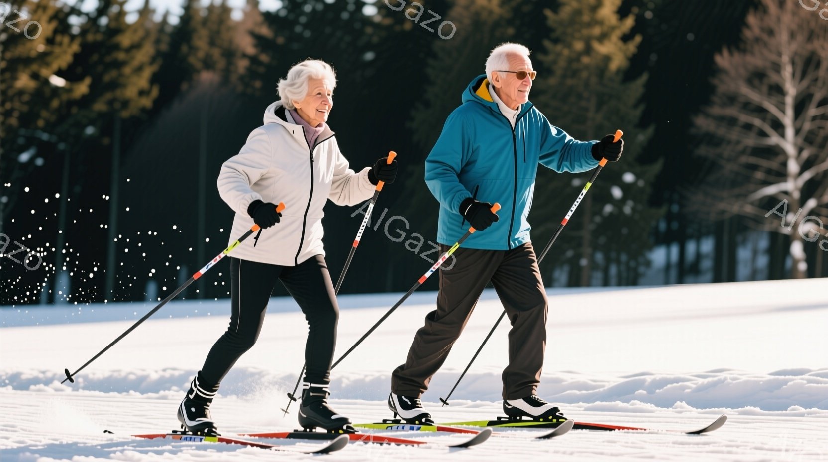 白髪の女性と男性が雪原をクロスカントリースキーで進んでいます。女性は白いジャケットと黒いレギンス、男性は青いジャケットと黒いズボンを着用しており、どちらも黒い帽子とサングラスをかけています。背景には雪 - AI生成フリー素材