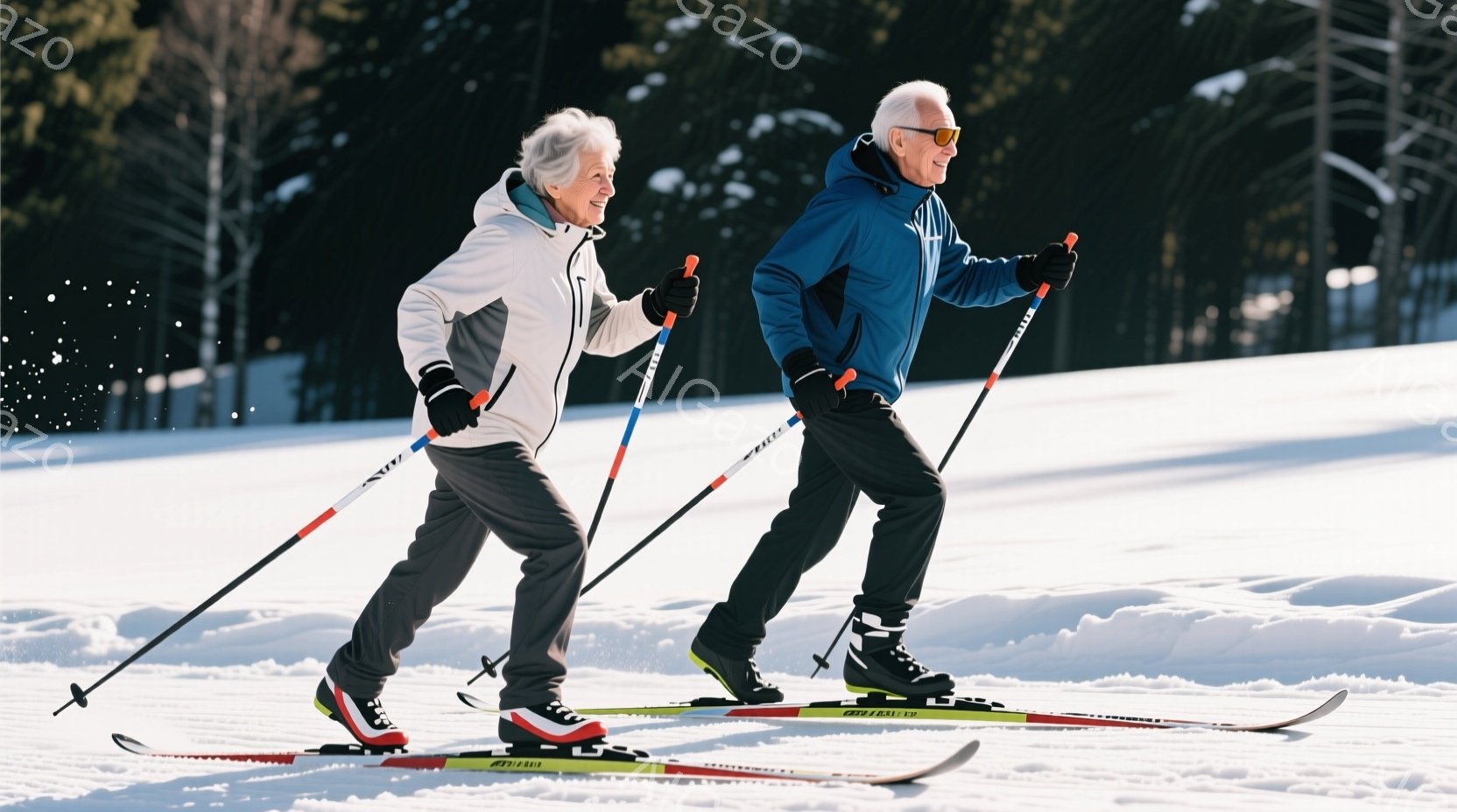 白髪の女性と男性がクロスカントリースキーを楽しんでいる様子が写っています。女性は白いジャケットに黒いズボン、男性は濃い青色のジャケットに黒いズボンという防寒着を着ており、雪の上を力強く滑走しています。背景には白樺の林が広がり、晴れた冬の日の穏やかな雰囲気が漂っています。