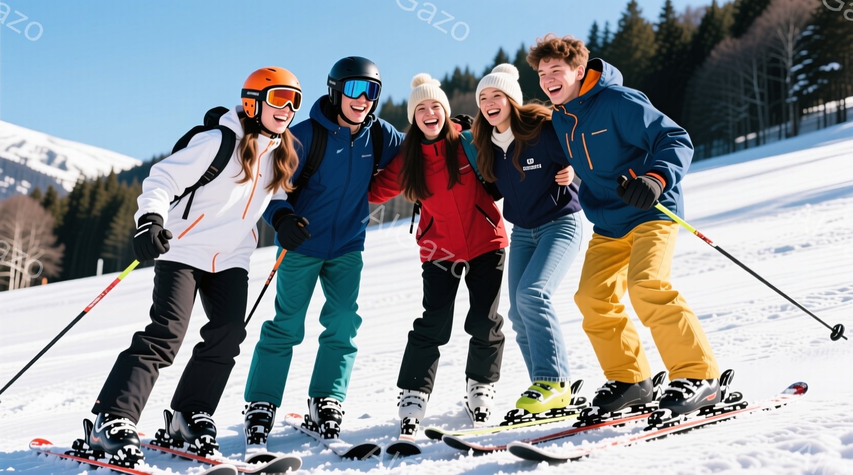 この写真では、5人のスキーヤーが雪の山の中で集まっているところが描かれています。彼らは穏やかな表情を見せており、友好的な態度を示しています。それぞれの人物はスキー用品（スキーブーツ、スキーパンツ、スキ - AI生成フリー素材