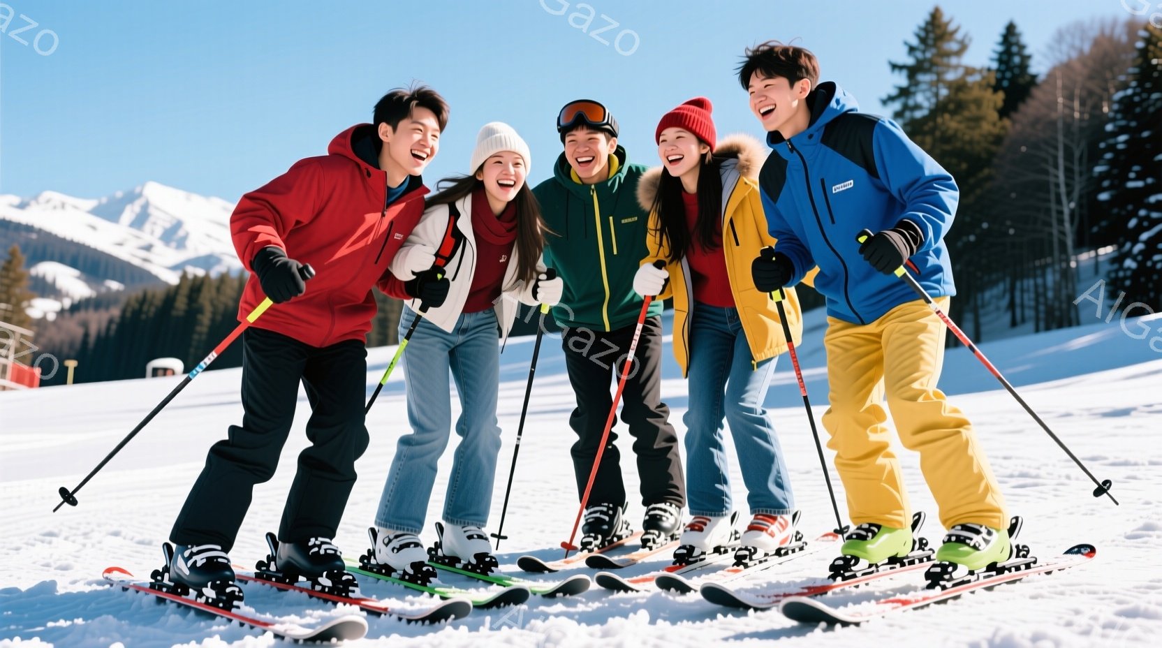 雪山を背景に、スキーウェアを着た5人の若者が、笑顔でカメラに向かってポーズをとっています。彼らは皆、青い空の下、白い雪の上にスキー板を履き、それぞれ明るい色のウェアを着ており、リラックスした雰囲気です - AI生成フリー素材