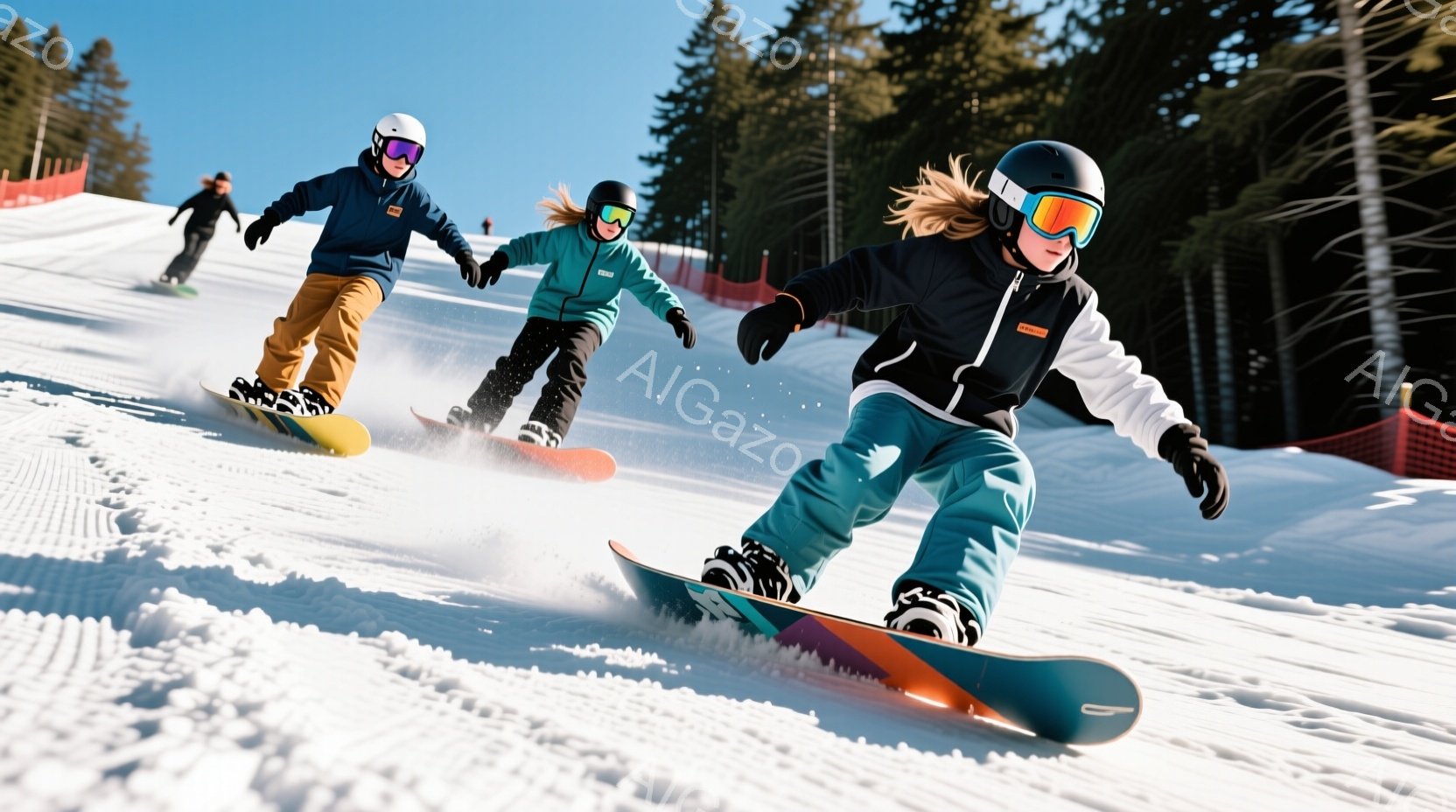 スノーボードをする少年少女たちが写っている。少年は茶色の髪で、ターコイズブルーのズボンと黒いジャケットを着ており、少女は黒髪をポニーテールにし、エメラルドグリーンのジャケットと青いズボンを着用している。背景には松林と青空が広がり、晴れた冬の日の活気ある雰囲気を醸し出している。