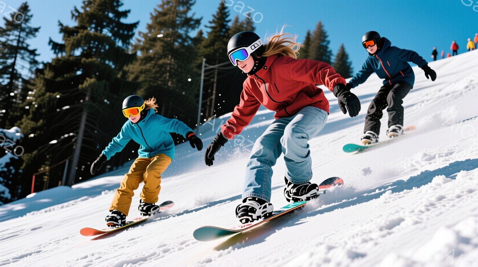 スノーボードを楽しむ若い女性二人が写っています。一人は赤いジャケットとジーンズ、もう一人は水色のジャケットとオレンジ色のズボンを着用し、ヘルメットとゴーグルを装備しています。背景には雪景色が広がり、遠 - AI生成フリー素材