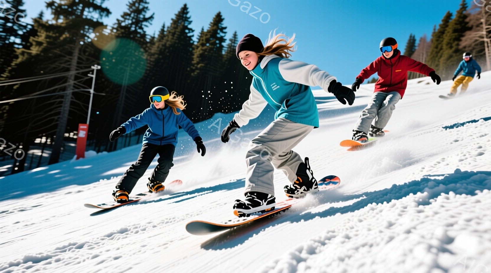 スノーボードを楽しむ3人の子供たちが写っています。青、白、赤のカラフルなウェアに身を包み、ヘルメットとゴーグルを着用しています。背景には雪景色が広がり、遠くには松林とスキーリフトが見え、晴天の下、活気 - AI生成フリー素材