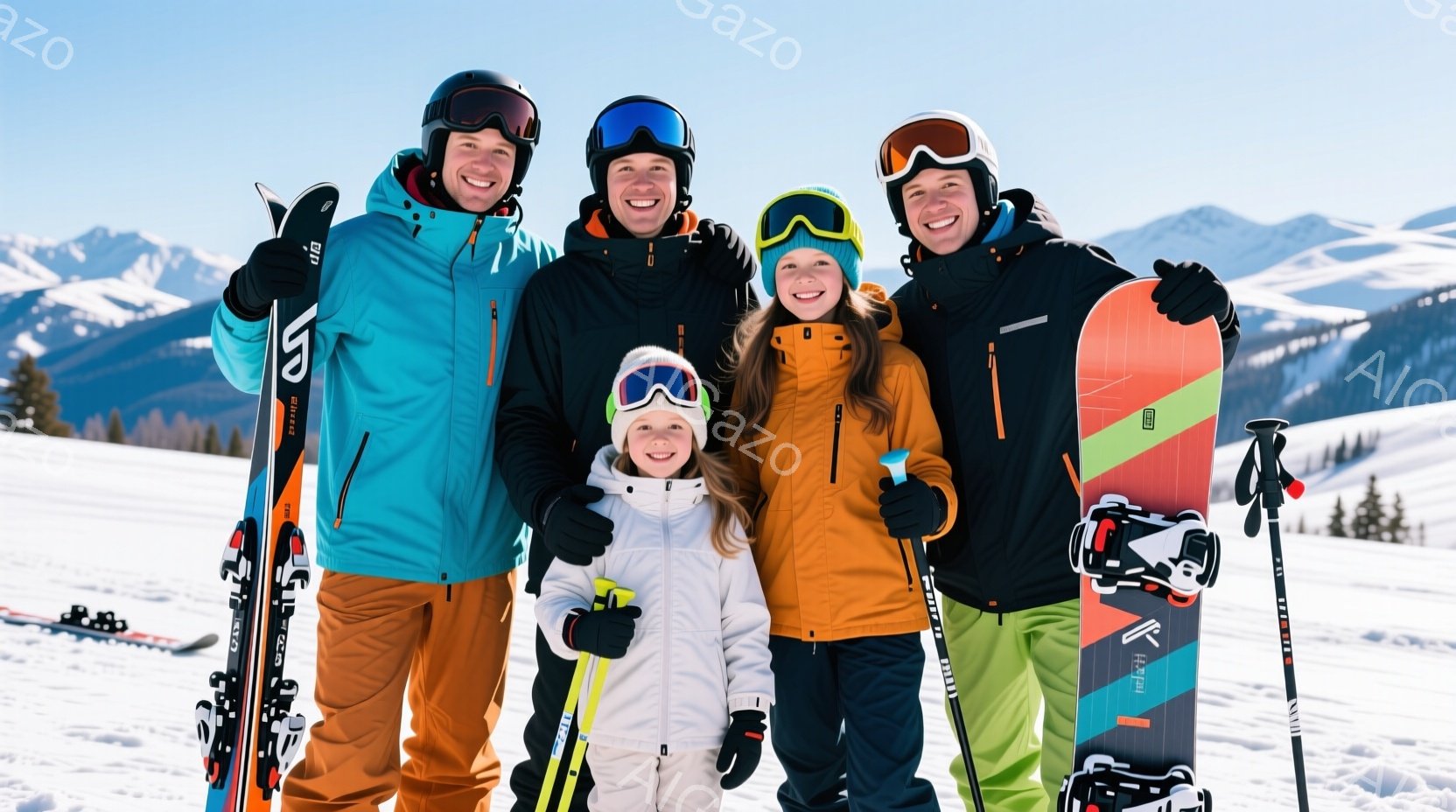 雪山を背景に、スキーとスノーボードを楽しむ家族の姿が描かれています。家族はそれぞれカラフルなスキーウェアとゴーグルを着用し、笑顔でカメラに向かってポーズをとっています。背景には雪をまとった山々と晴れた - AI生成フリー素材