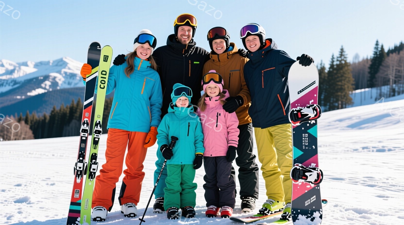 雪山を背景に、スキー板とスノーボードを持った家族が写っている。家族はそれぞれカラフルなスキーウェアを着用し、ゴーグルで顔を覆っているが、笑顔が見て取れる。背景には雪に覆われた山々が広がり、晴天の下、活 - AI生成フリー素材