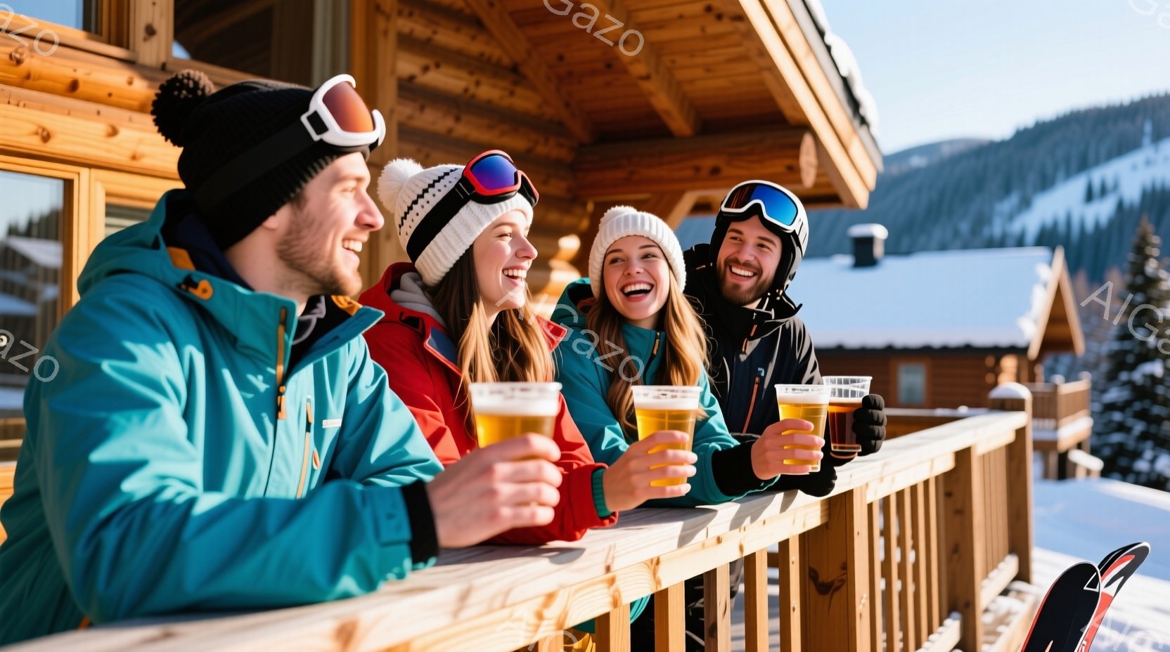 吹雪の中、暖かいテラスでビールを楽しむ4人の若者が写っています。彼らはカラフルなスキーウェアと帽子を着用し、満面の笑みを浮かべています。背景には木造の建物と雪に覆われた山々が広がり、晴天の下、心地よい冬の雰囲気が漂っています。