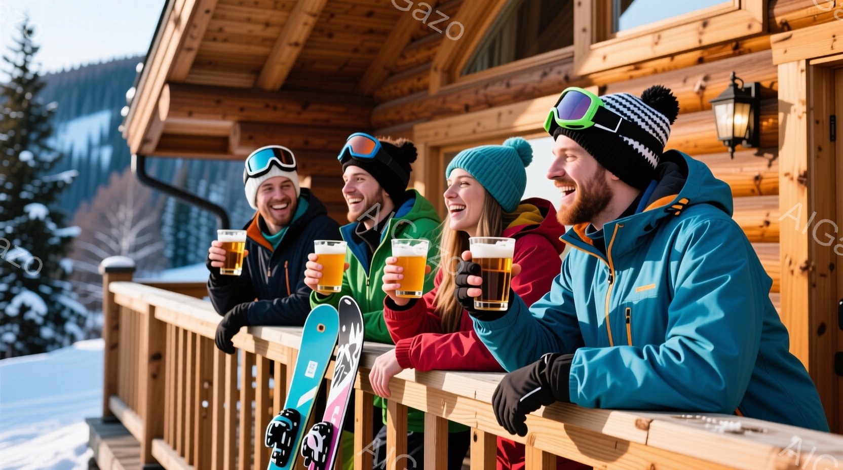 雪の中にある山間地域で撮られたものです。左には建物が見えますが、その照明や雰囲気から、冬の景色が感じられます。 中央では5人の友達が集まっており、みな笑顔を見せています。そのうち2人はグラスを手に持っ - AI生成フリー素材