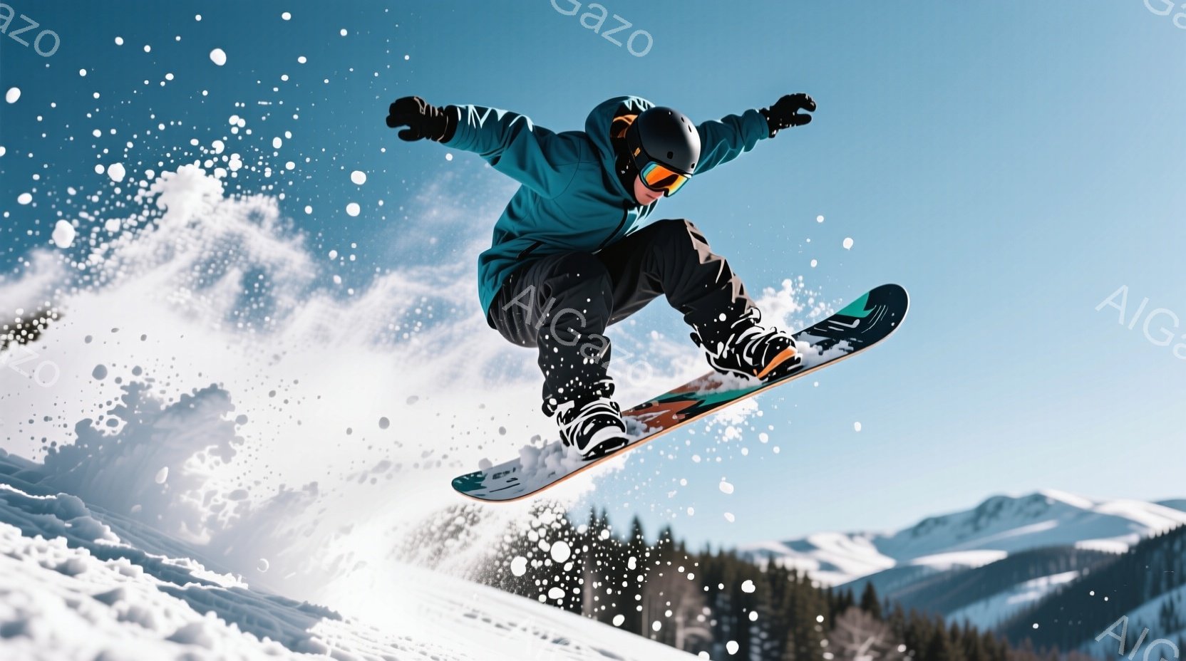 スノーボーダーが雪上を高く飛び上がっている姿が捉えられています。彼は青色のジャケット、黒色のズボン、ゴーグル、ヘルメットを着用し、空中で体を大きく曲げています。背景には、雪に覆われた山々と、晴れた青空が広がっており、ダイナミックで爽やかな雰囲気を醸し出しています。