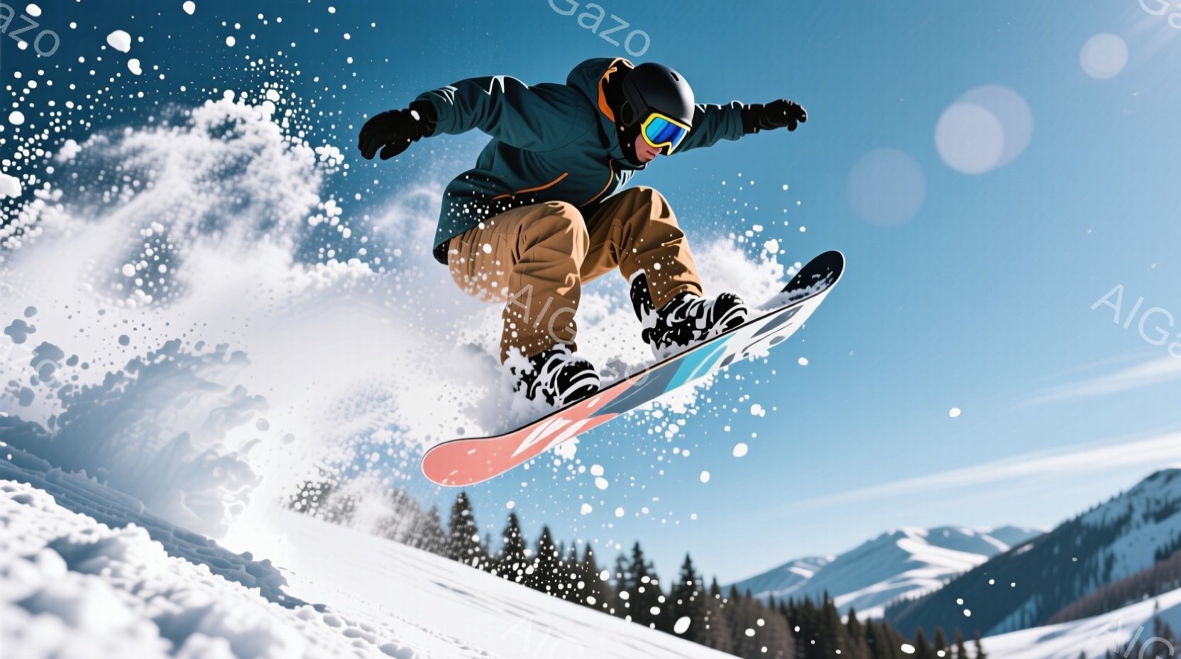 スノーボード選手が空中でのジャンプを決めています。彼は黒のヘルメットとゴーグルを着用し、濃い緑色のジャケットと茶色のズボンを身につけています。背景には雪に覆われた山々と森林があり、晴天の下、勢いよく雪を巻き上げながらスノーボードを楽しんでいる様子が伝わってきます。