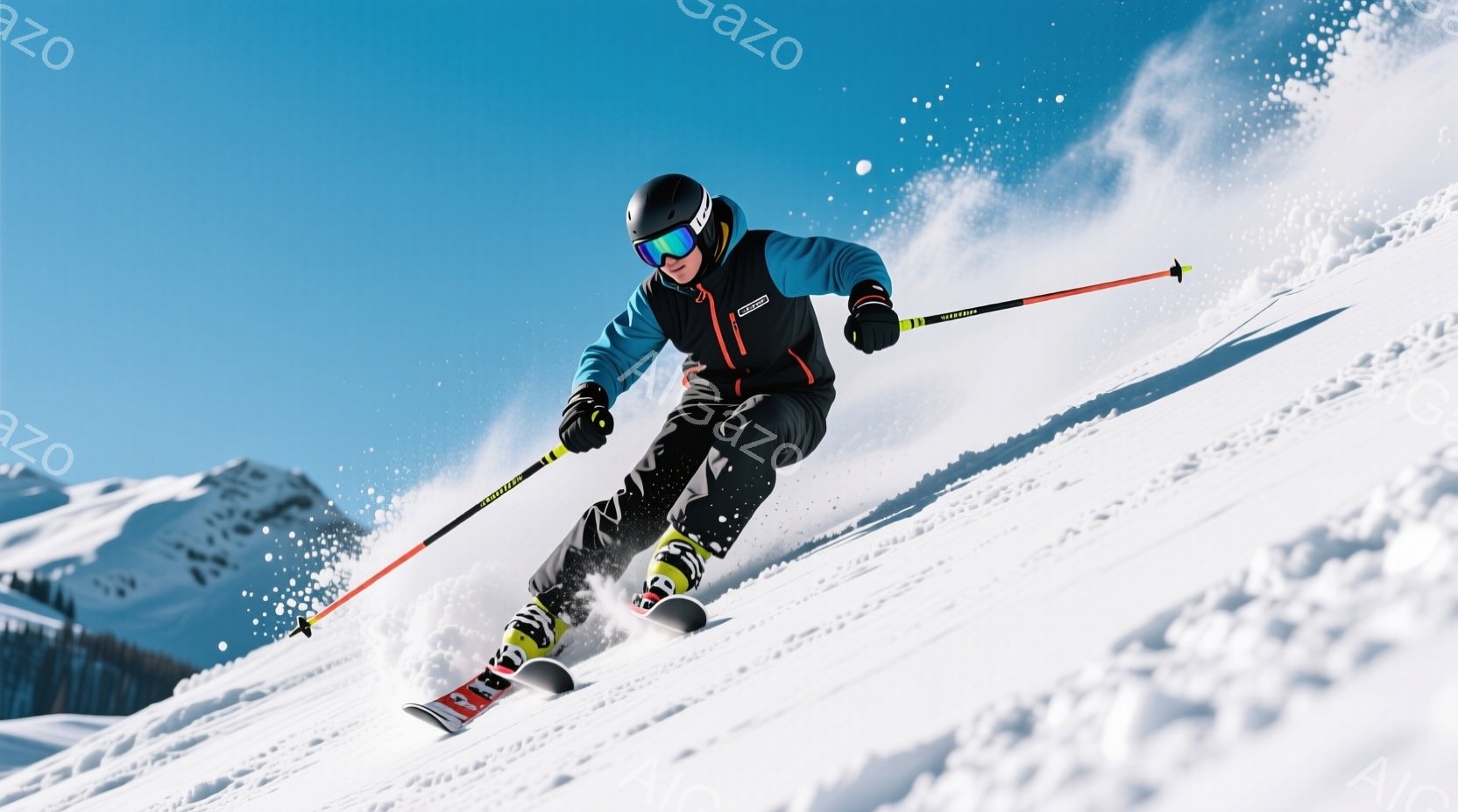 スキーヤーが雪山を滑降している様子が捉えられています。彼は黒いヘルメットとゴーグルを着用し、青と黒のスキーウェアに身を包んでいます。背景には雪を頂いた山々が広がり、晴天の下、雪が舞う冬の風景が広がって - AI生成フリー素材