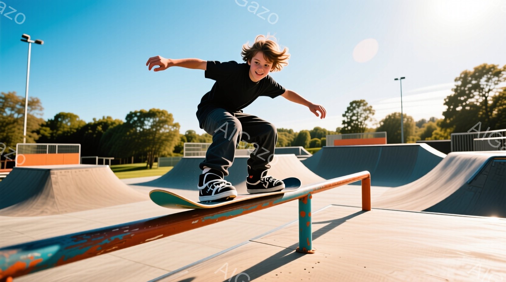 人物は男性。彼はスケートボードを乗り回し、右手が空中にあります。彼はスキンヘッドで、シャツが黒で、パンツがグレーです。背景は明るく陽気な日時間の週末。